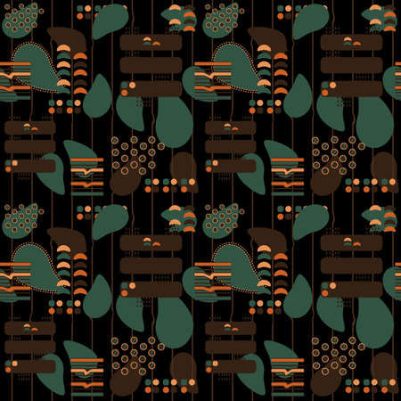 Brown, green and black abstract seamless pattern with African motives, dots, lines, avocado formsのイラスト素材