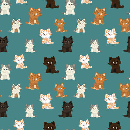 Small red white brown happy friendly hand drawing cartoon character cat or kitten on blue or green background seamless patternのイラスト素材