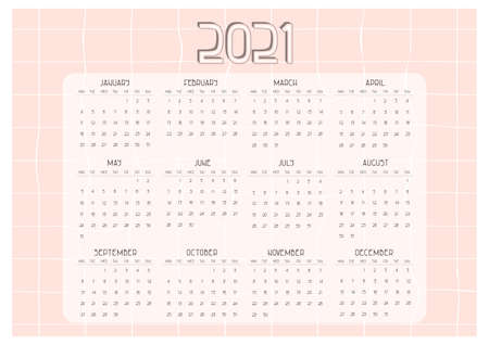Cute Pink dates calendar from January to December from Monday to Sunday for 2021 yearのイラスト素材
