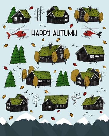 Set of Black scandinavian greenlandian wooden houses, trees and forest, grass on the roof with white borders and Happy autumn textのイラスト素材