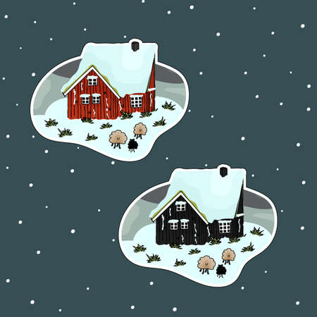 Wooden red, black hand drawn scandinavian houses with grass on the roof, sheep, snow in winterのイラスト素材