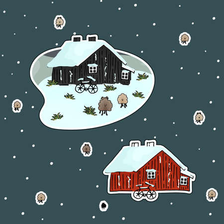 Wooden red, black hand drawn scandinavian houses with bikes, sheep, snow in winterのイラスト素材
