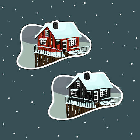 Wooden red and black hand drawn scandinavian houses with rocks, snow in winter on blue backgroundのイラスト素材