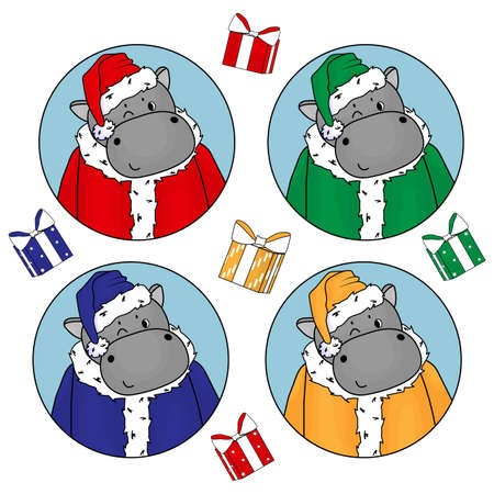 Set of cute hippos in Santa Claus costume in red, green, blue and yellow colors. Fur coat, hat and gifts elementsのイラスト素材