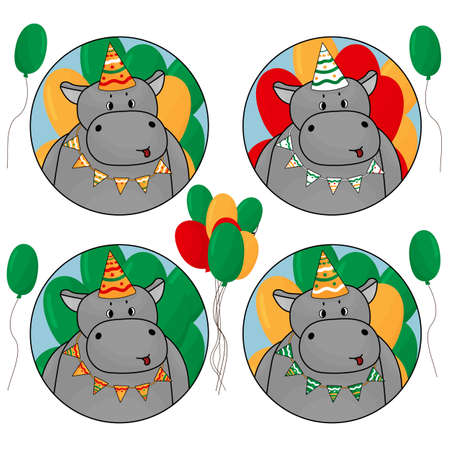 Set of Happy hippos with balloons, in birthday hat and flags in green, yellow and red colorsのイラスト素材