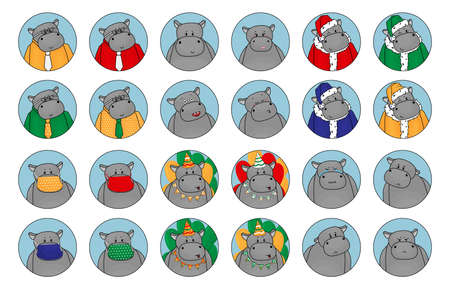 Set of cute emotions and situations of hippo. Happy, sad, angry, in love, female with lipstick, Santa hippopotamus, Happy Birthday, office clerk in shirt and tie, in mask, depression crying animalのイラスト素材