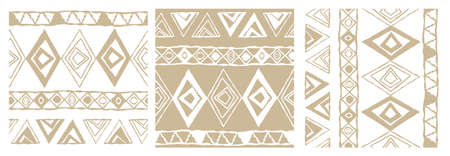 Beige and white ethnic monochrome abstract geometric pattern of triangles is shown in three versions...