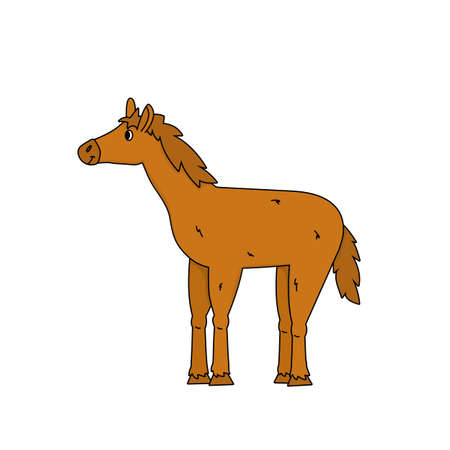 Side view of a brown vector horse. Cute outline cartoon animal stands and looks sideways isolated on white backgroundのイラスト素材