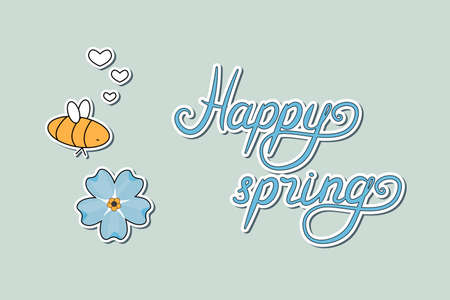 Happy Spring lettering text. Blue forget-me-not flower is on pastel blue background. Yellow isolated Bee is in love, hearts are around. Elements have white outline contour as paper stickers effectのイラスト素材