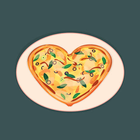 Isolated vector Heart shaped cute pizza for Valentines day is on the pink plate on blue backgroundのイラスト素材