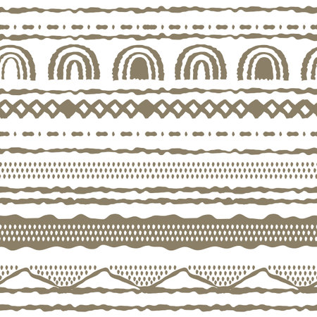 Abstract seamless Brown white a repeat endless pattern. Ovals, semicircles, rainbows, lines, dots, circles and other shapes. Rough curved lines, hand drawn emulation effectのイラスト素材