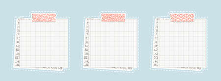 Set of isolated square mockup papers with dots, pieces of newspaper on the bottom, pink patterned pastel washi tape for education, notes, reminders. Templates can be used for text, photo, as bannerのイラスト素材