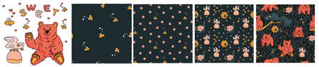 Set of four seamless vector patterns of outline bears that walks and sits, honey, forget me nots,...