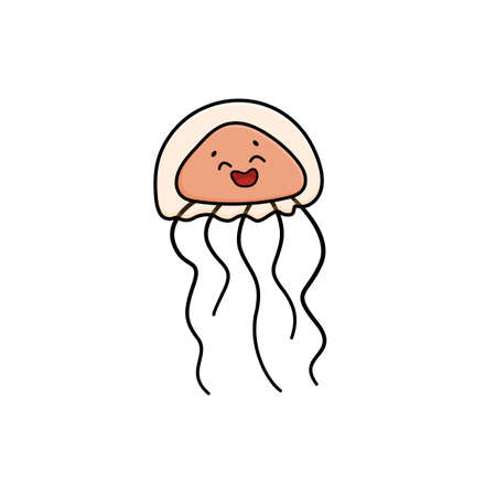 Small pink outline vector doodle cartoon smiling jellyfish. happy Sea jelly with eyes closed. Animal is isolated on white backgroundのイラスト素材