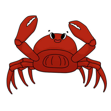 Red crab is smiling, claws are apart at the top, crustacean has a positive attitude. Cartoon outline Vector doodle isolated animal on white backgroundのイラスト素材