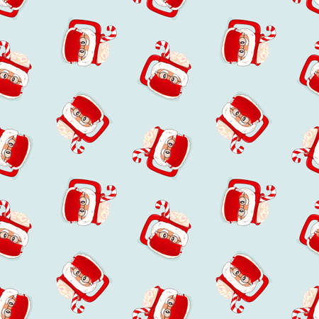 Christmas seamless pattern of vector Santa Claus coffee or chocolate cup in red holiday protection mask from virus, hat, eyeglasses, red white lollipop, marshmallows on blue backgroundのイラスト素材