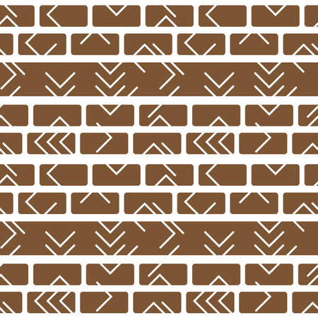 Tribal vector brown white monochrome abstract geometric seamless border pattern. Illustration contains lines, rectangles like bricks wall. Horizontal winter print stripes for textiles or wallpaperのイラスト素材