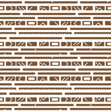 Vector brown white monochrome tribal abstract geometric border seamless pattern. Illustration contains lines, dots, triangles, rectangle. Horizontal stripes for print for textilesのイラスト素材
