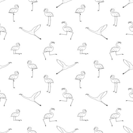 Seamless repeat outline cartoon Doodle flamingos pattern isolated on white background. Cute vector animals are active, dancing, fly, sleep, rest, dream, walk. Black line monochrome effectのイラスト素材