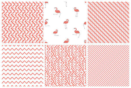 Set of six Vector seamless repeat patterns of outline cartoon pink flamingos are active, dancing, rest, relax, dream, walk. Five abstract illustrations with dots lines waves on white backgroundのイラスト素材