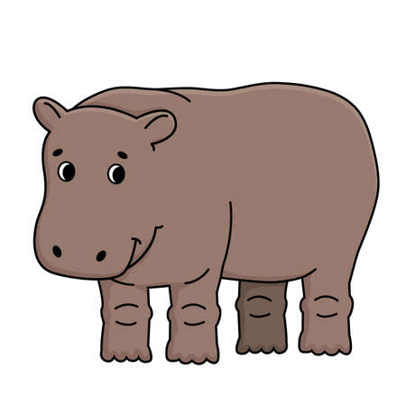 Cute brown vector outline cartoon gray male hippo stands on the ground, smiles, looks to the right....