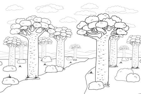Black white vector outline African Madagascar baobab street or avenue. Doodle cartoon hand drawn landscape illustration of trees, sky, road, African plants, bushes, clouds, grass for coloring bookのイラスト素材