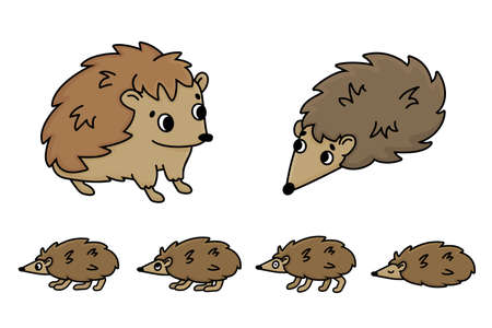Cute brown doodle cartoon hedgehog family of six. Vector outline isolated hand drawn animals. Illustration of male, female, baby kids that sleep, walk sit, wondered on white backgroundのイラスト素材
