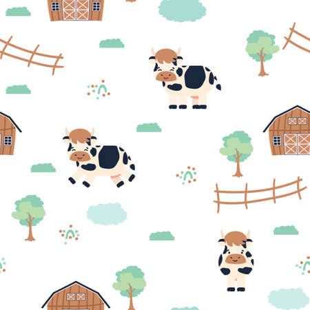 Cute cow farm doodle cartoon animals seamless pattern, white background. Vector illustration for kids, flat styleのイラスト素材