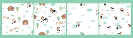 Set of cute farm cartoon seamless patterns on white background. Vector happy cow animal, rainbow, barn, fence illustration for kids, flat styleのイラスト素材