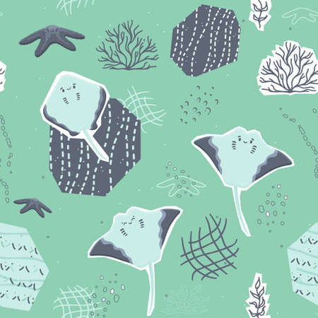 Cute cartoon stingray, starfish characters with algae and corals seamless pattern. Vector collage,...