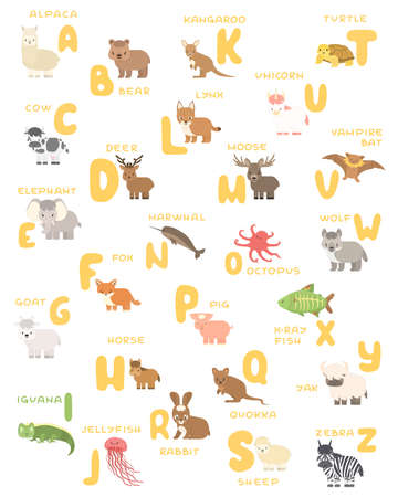 Vector isolated A-Z zoo alphabet cartoon animals education poster. Alpaca bear cow deer elephant fox goat horse iguana jellyfish kangaroo lynx moose octopus pig quokka rabbit sheep turtle unicorn batのイラスト素材