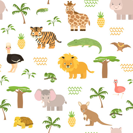 Safari summer animals seamless pattern. Cute vector chameleon crocodile, lion tiger, elephant, flamingo, giraffe bat, kangaroo ostrich, baobab, palm, plantsのイラスト素材