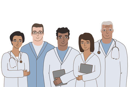 Group of doctors with laptops, stethoscopes standing together, looking at camera. Vector flat...