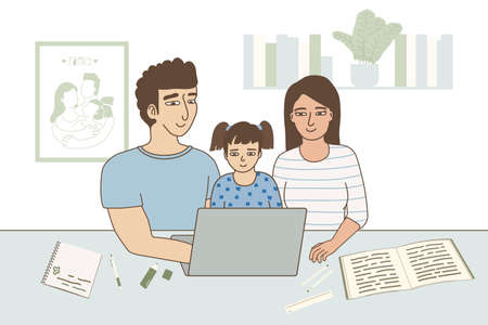 Parents and kid are learning something together. Vector illustration of cute young family activities with laptop, book, notebook in the room at homeのイラスト素材
