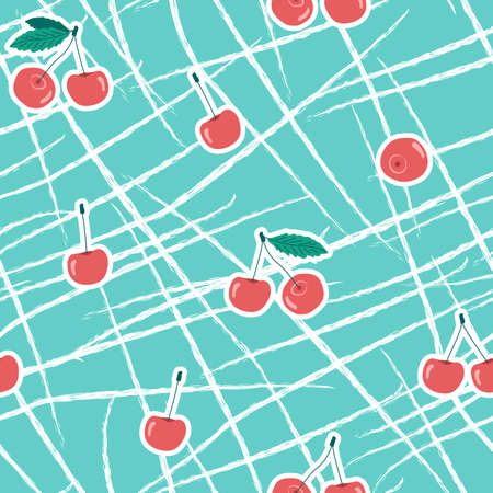 Blue red white seamless patterns of cherries. Vector abstract summer illustration