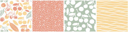 Set of vector summer pastel seamless patterns of cherries, dots, abstract sun waves. Cute doodle...