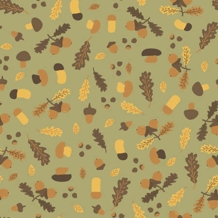 Autumn oak leaves, acorn, birch aspen mushrooms, nuts, chestnuts seamless pattern. Vector...