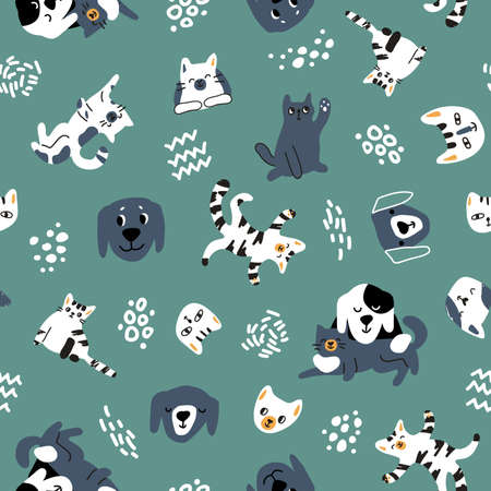 Cute cat dog hand drawn seamless pattern. Vector friendship cartoon blue white yellow flat illustration on green background.のイラスト素材