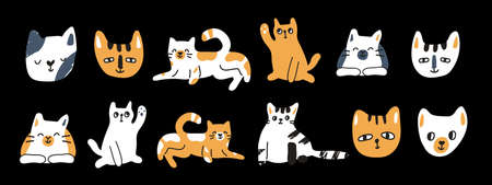 Set of cute hand drawn vector cats. Lies on the ground, rises paw, sleeps, smiles. Can be used for children books or as print for clothes.のイラスト素材
