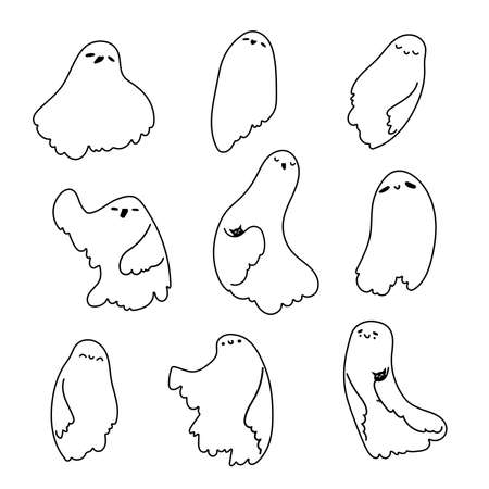 Set of cute outline hand drawn ghosts with vampire bats. Happy black line vector characters on white background.のイラスト素材