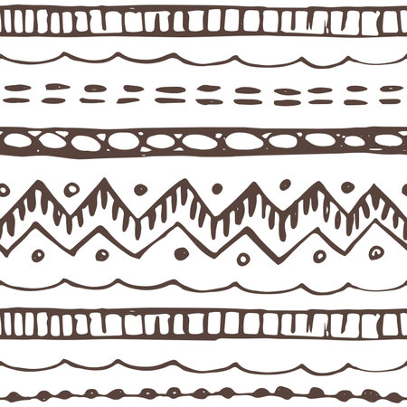 White brown line ink winter abstract border seamless pattern. Hand drawn vector illustration for Christmas decoration.のイラスト素材