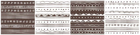 Group of Border doodle hand drawn seamless patterns, backgrounds with abstract elements lines, dots, triangles. Set of vector white brown fall winter illustrations for decorationのイラスト素材