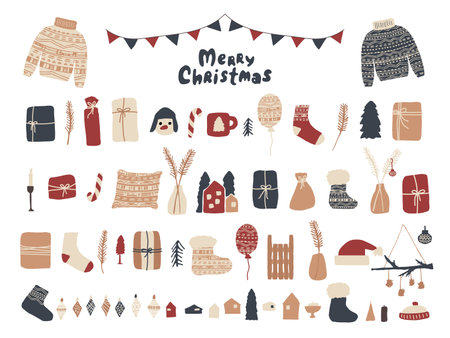 Winter Christmas isolated elements sweater gifts, snowman hat candle tree branch toys socks knitted balloon houses bumps lollipop mug pillow home decoration sleds flags flowerpot. Vector illustration.のイラスト素材