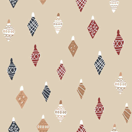 Christmas tree rhombus decorations seamless pattern. Vector illustration of isolated elements in beige, blue, white, red colorsのイラスト素材