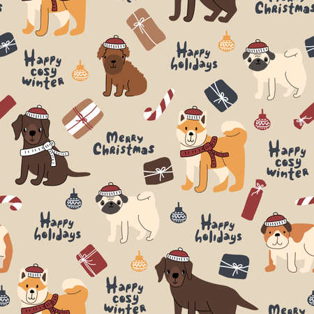 Seamless pattern of dogs in winter knitted red white hats and scarfs, lettering, gifts. Labrador retriever, poodle puppy, bulldog, akita inu, pug. Vector illustration in Christmas timeのイラスト素材