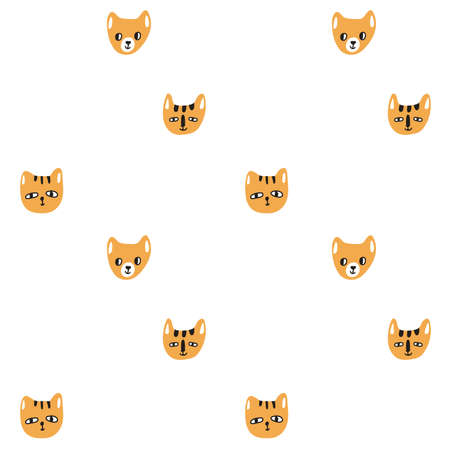 Cute modern cats or kittens heads faces pattern on white background. Vector hand drawn illustration of funny trendy animals for kids textile, apparel, childish clothes in yellow, black, white colorsのイラスト素材