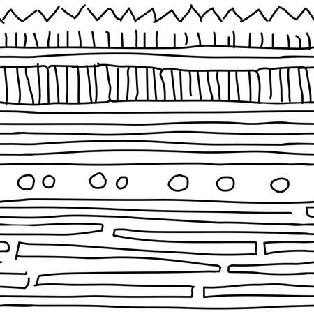 Black white line art abstract vector repeat seamless Border pattern. Illustration contains circles, rectangles elements, shapes, geometry, zigzagのイラスト素材