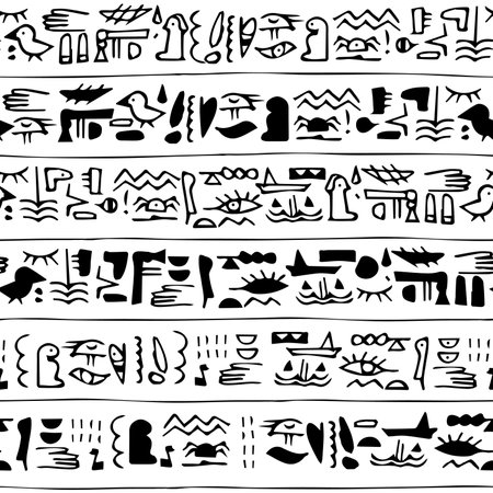 Seamless egyptian pattern theme with tribal ethnic motifs. Black-white horizontal vintage border, retro hand drawing for textileのイラスト素材