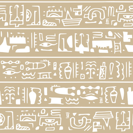 Monochrome modern hand drawn boho beige white vector seamless pattern border egyptian symbols like hieroglyphs. Can be used for trendy textile, notebook covers, wallpapers, printsのイラスト素材