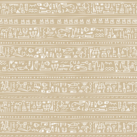 Beige white line hand drawn Boho vector seamless pattern border egyptian symbols like hieroglyphs....
